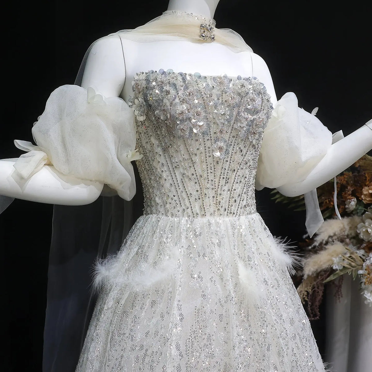 Luxury Beige Beaded Sequin 3D Petal Evening Dress with Scarf SS741 