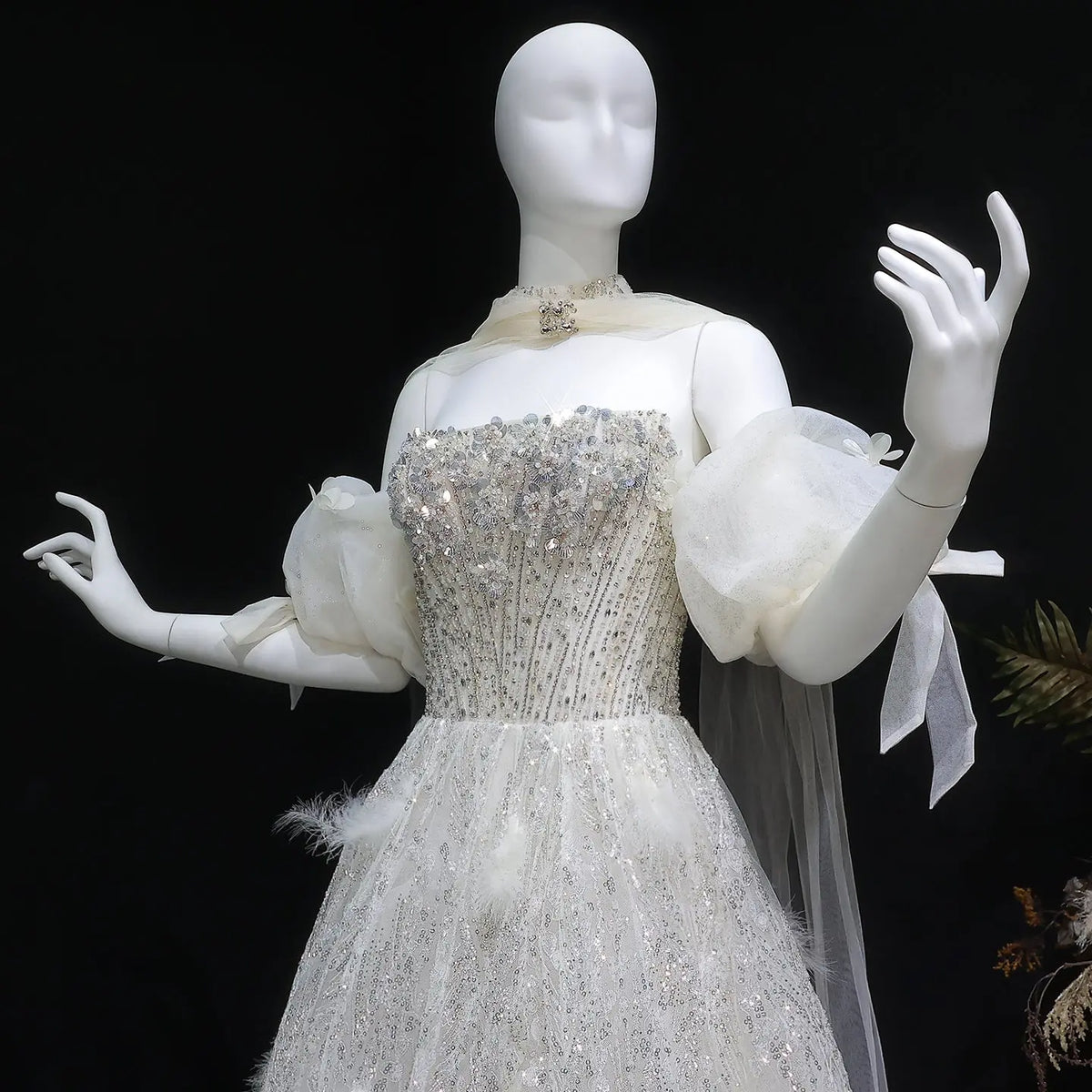 Luxury Beige Beaded Sequin 3D Petal Evening Dress with Scarf SS741 