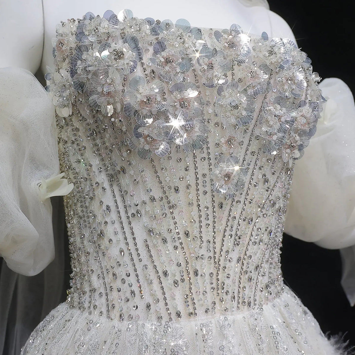 Luxury Beige Beaded Sequin 3D Petal Evening Dress with Scarf SS741 