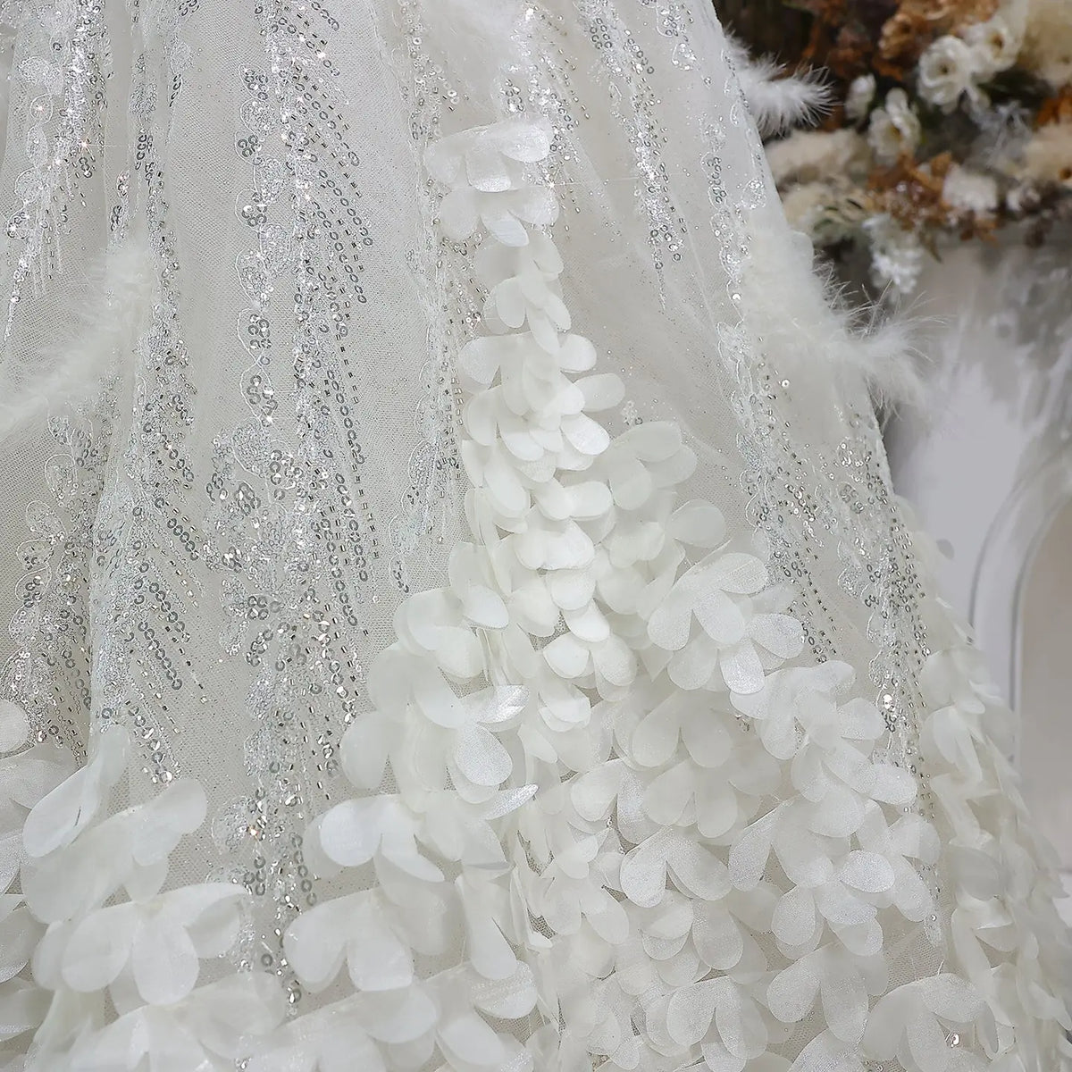 Luxury Beige Beaded Sequin 3D Petal Evening Dress with Scarf SS741 