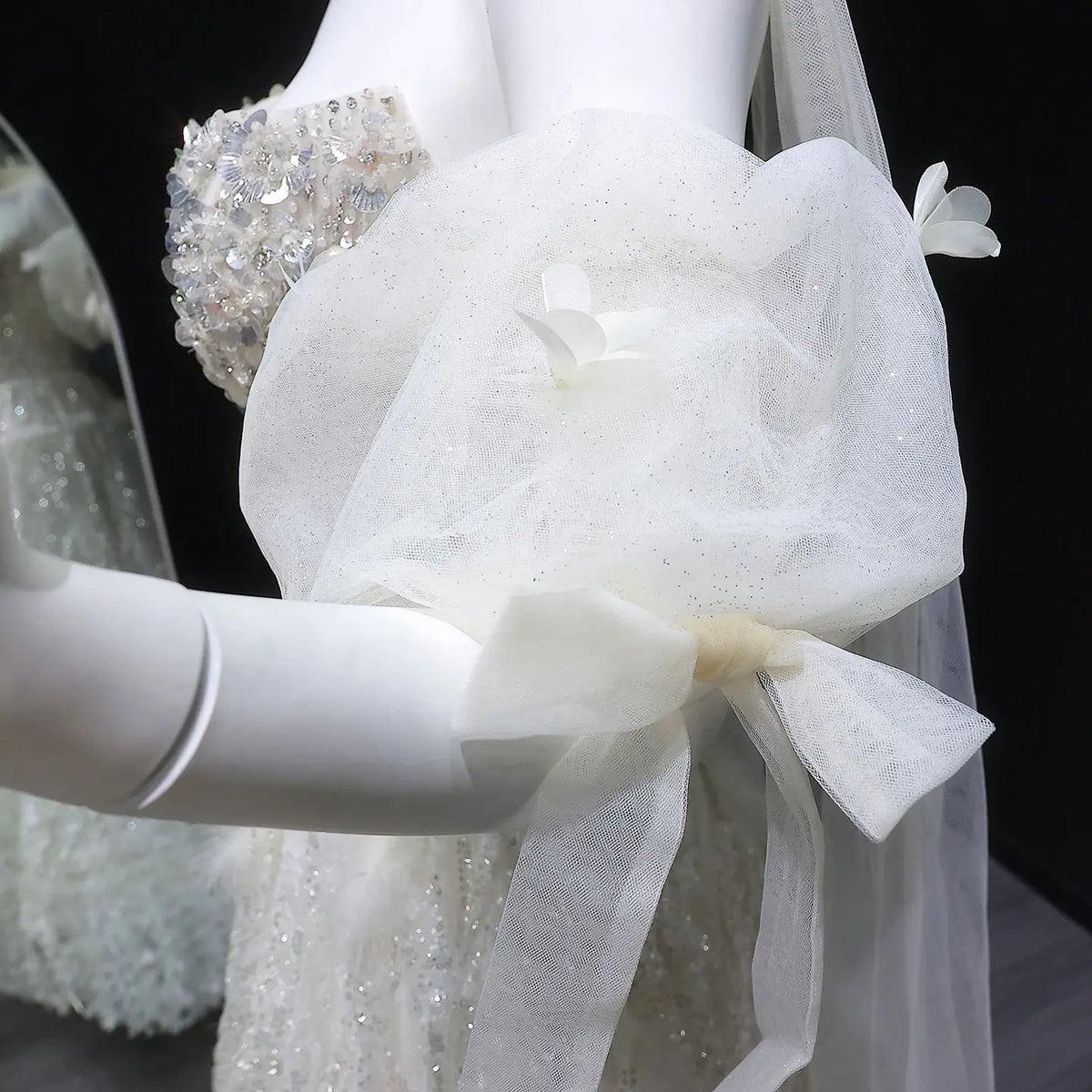 Luxury Beige Beaded Sequin 3D Petal Evening Dress with Scarf SS741 