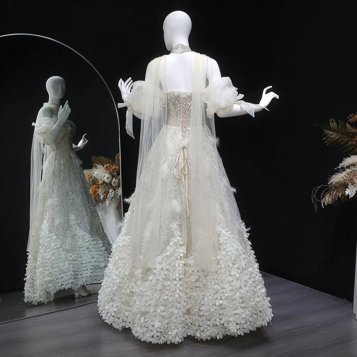 Luxury Beige Beaded Sequin 3D Petal Evening Dress with Scarf SS741 