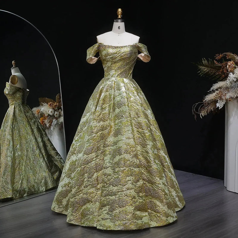 Luxury Gold Jacquard Off-the-Shoulder Ball Gown Satin Evening Dress SS742 