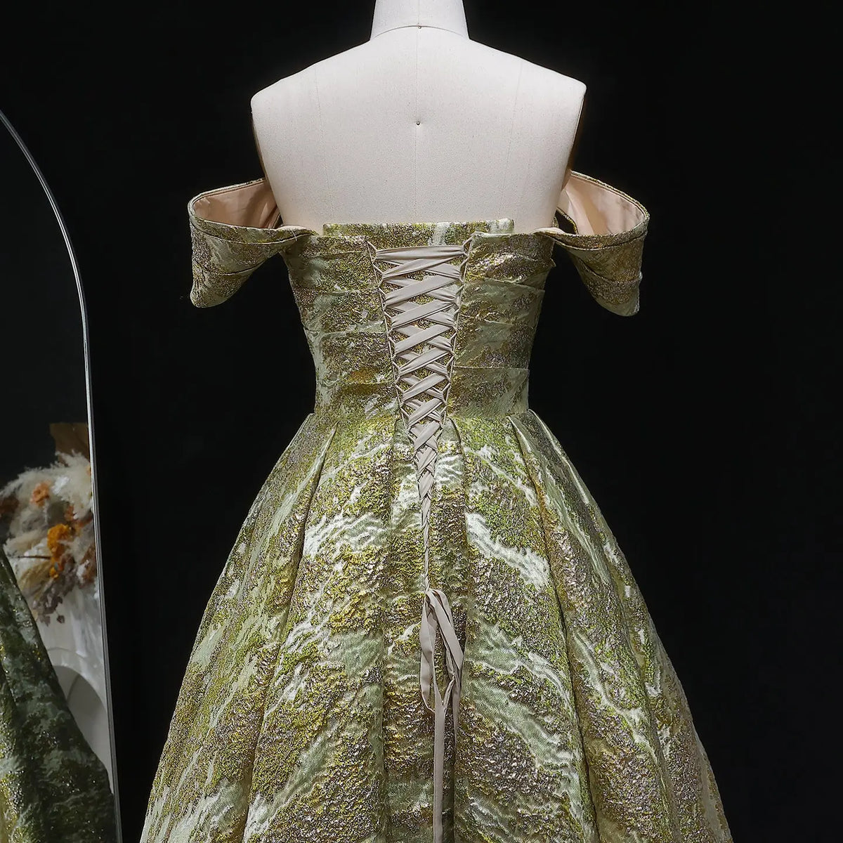 Luxury Gold Jacquard Off-the-Shoulder Ball Gown Satin Evening Dress SS742 