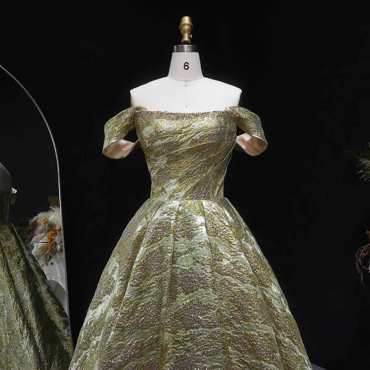 Luxury Gold Jacquard Off-the-Shoulder Ball Gown Satin Evening Dress SS742 