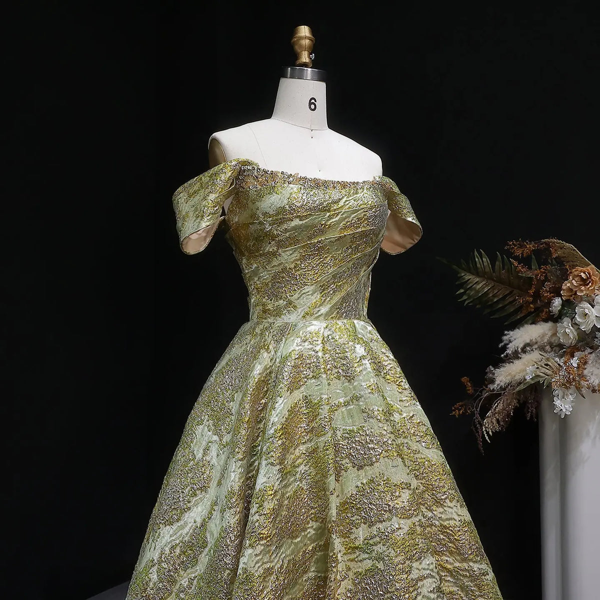 Luxury Gold Jacquard Off-the-Shoulder Ball Gown Satin Evening Dress SS742 