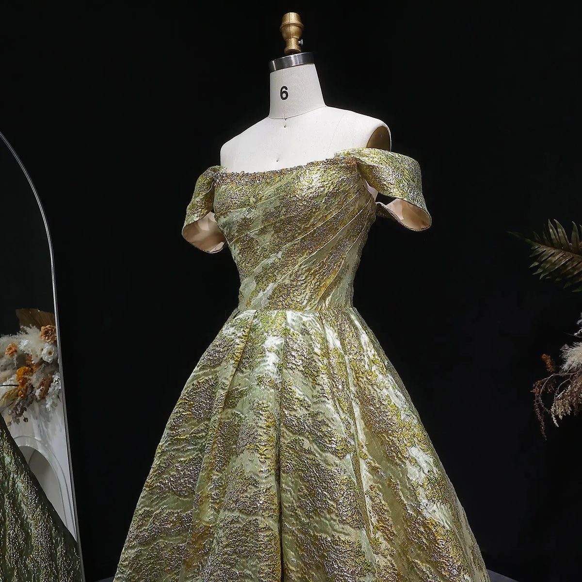 Luxury Gold Jacquard Off-the-Shoulder Ball Gown Satin Evening Dress SS742 