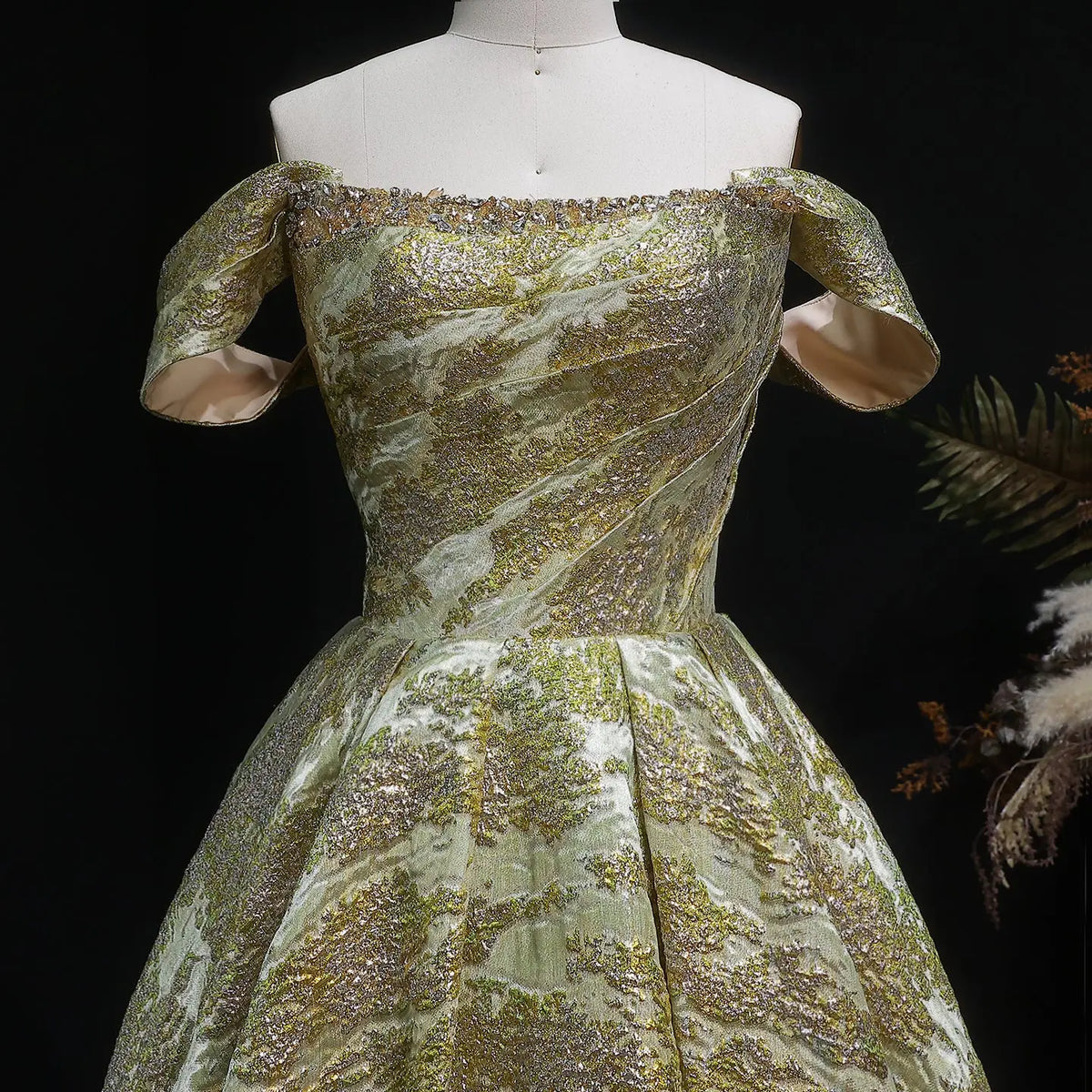 Luxury Gold Jacquard Off-the-Shoulder Ball Gown Satin Evening Dress SS742 