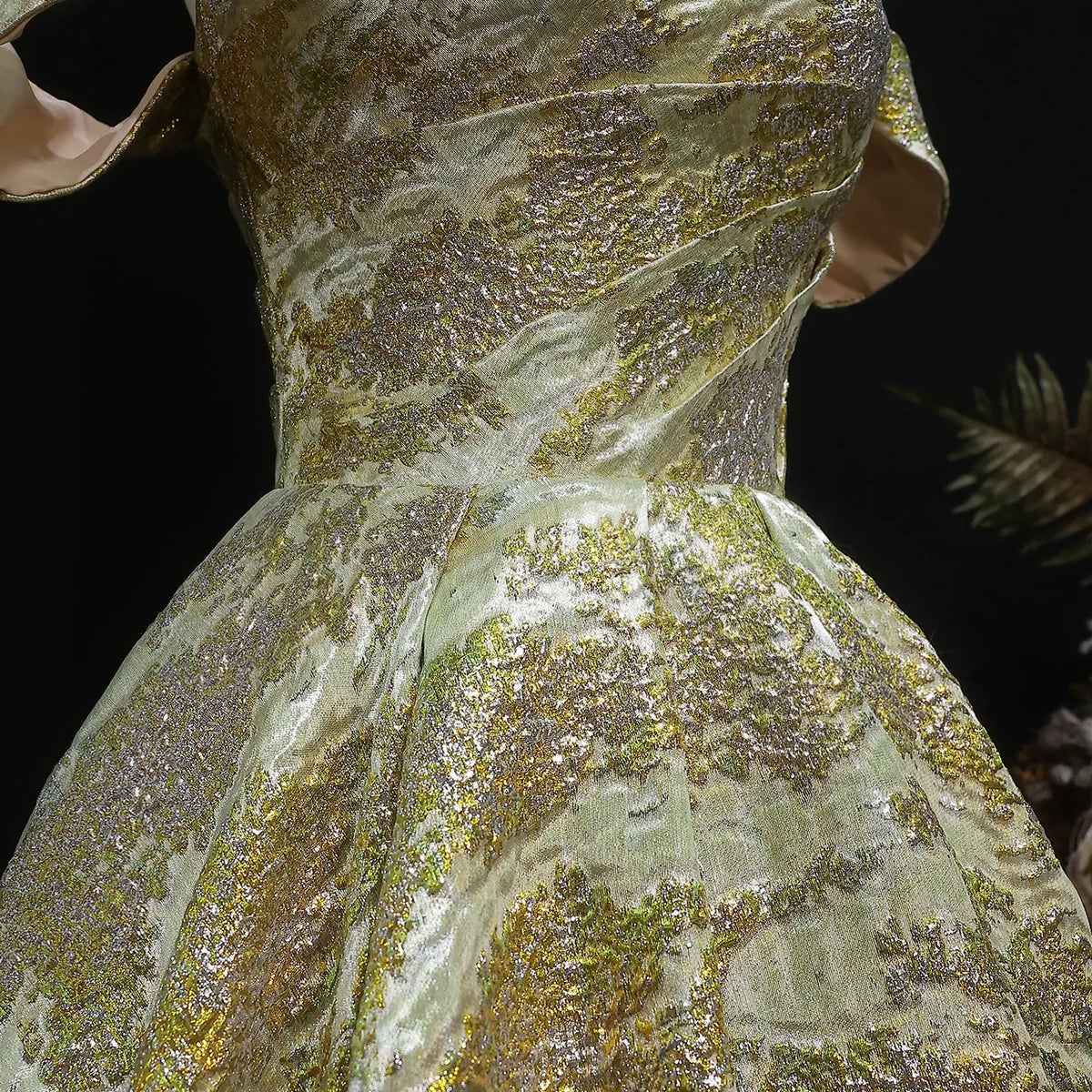 Luxury Gold Jacquard Off-the-Shoulder Ball Gown Satin Evening Dress SS742 