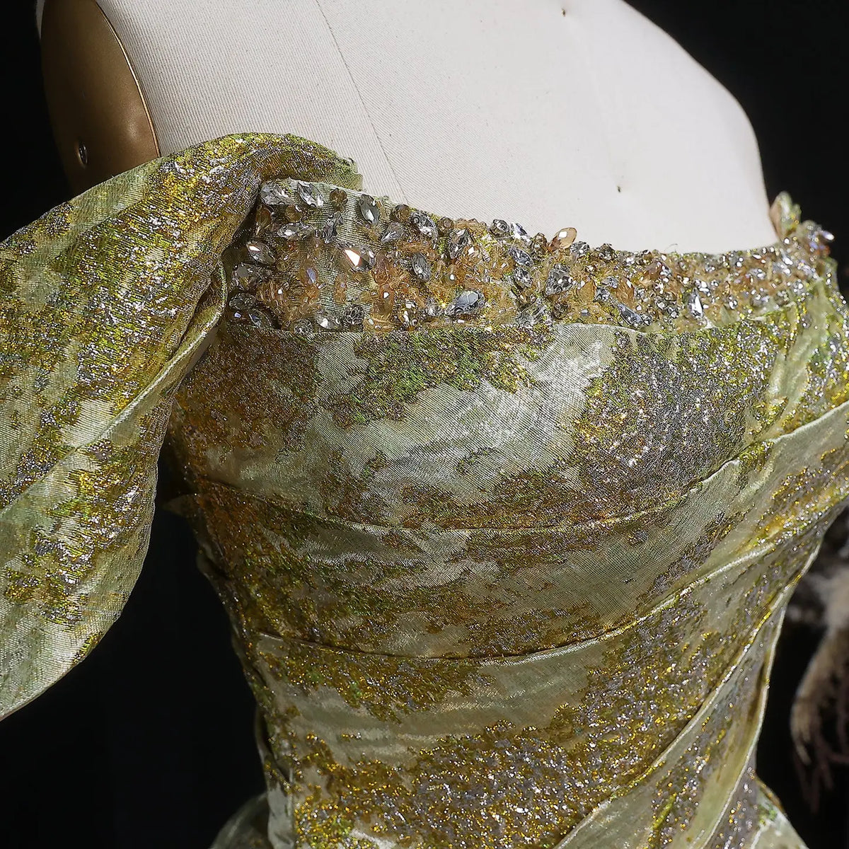 Luxury Gold Jacquard Off-the-Shoulder Ball Gown Satin Evening Dress SS742 