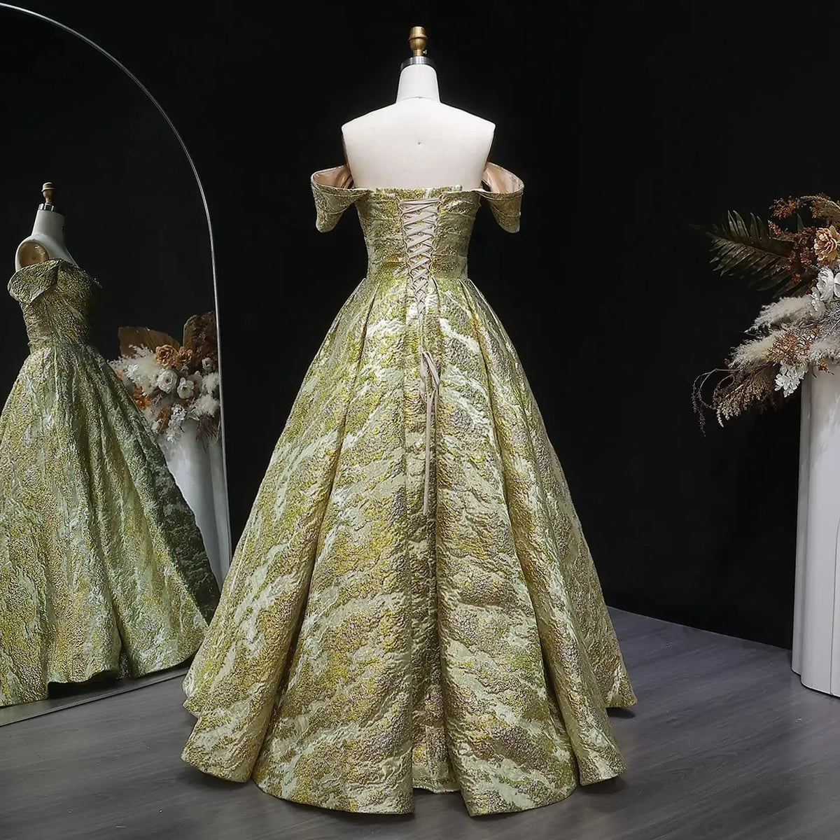 jacquard dress gold Ribbed Flowered Metallic Gown PETROL Pair with shimmering heels and delicate jewellery for an ethereal Gold Floral Jacquard Off Shoulder