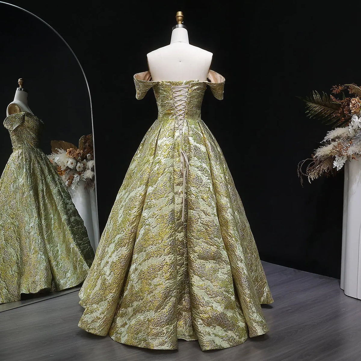 Luxury Gold Jacquard Off-the-Shoulder Ball Gown Satin Evening Dress SS742 