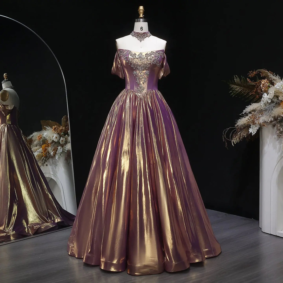 Luxury Rose Gold Gradient Satin Ball Gown Evening Dress with Necklace SS743 