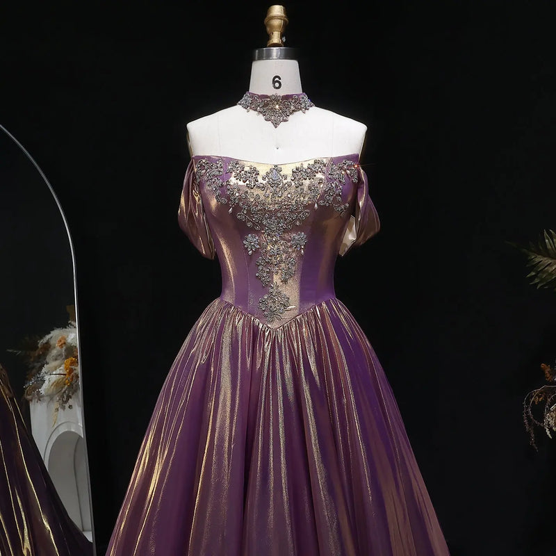 Luxury Rose Gold Gradient Satin Ball Gown Evening Dress with Necklace SS743 