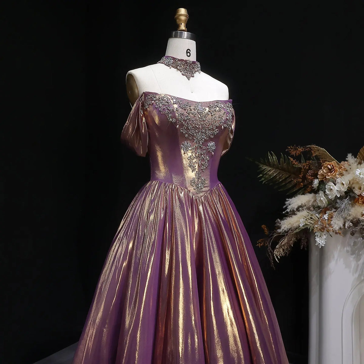 Luxury Rose Gold Gradient Satin Ball Gown Evening Dress with Necklace SS743 