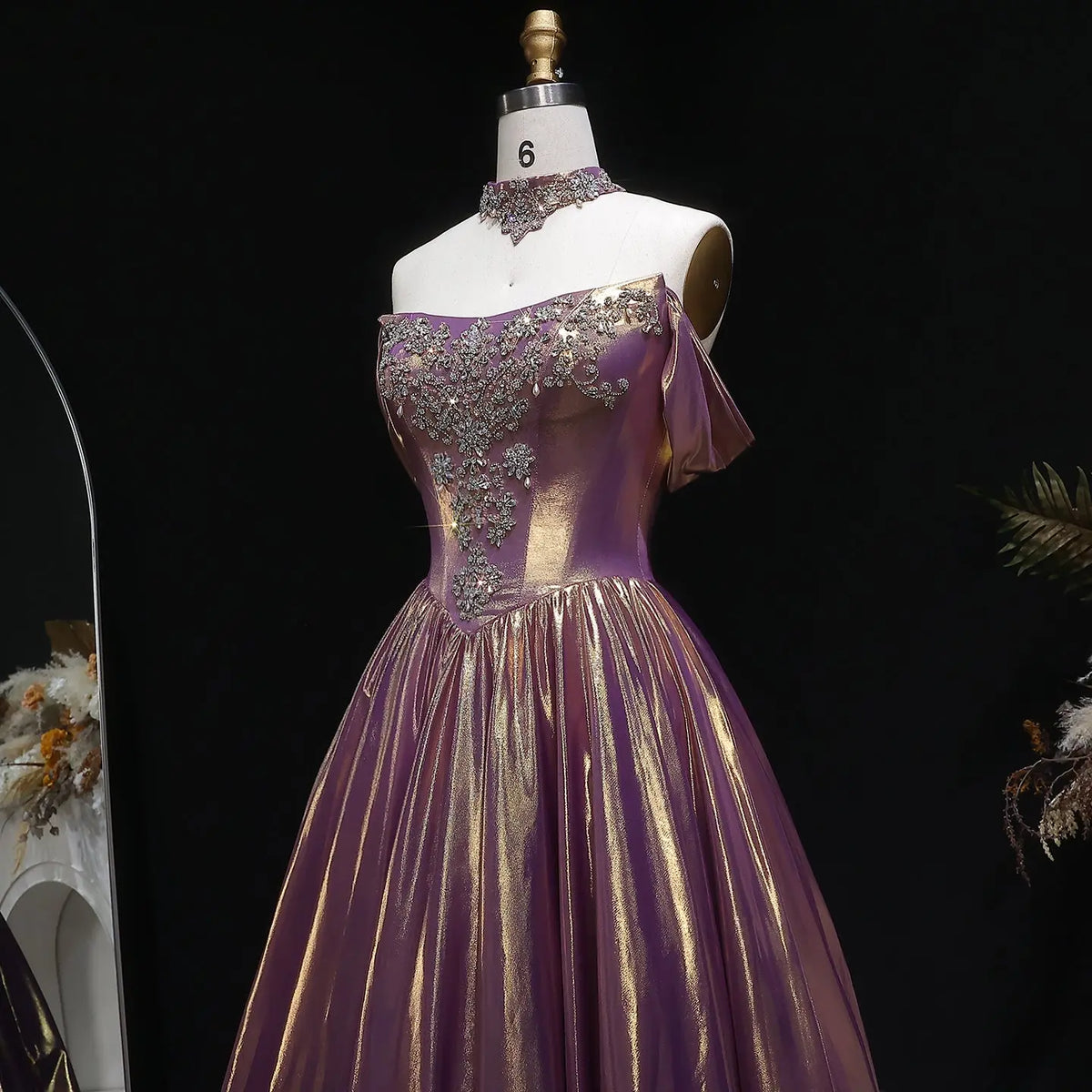 Luxury Rose Gold Gradient Satin Ball Gown Evening Dress with Necklace SS743 