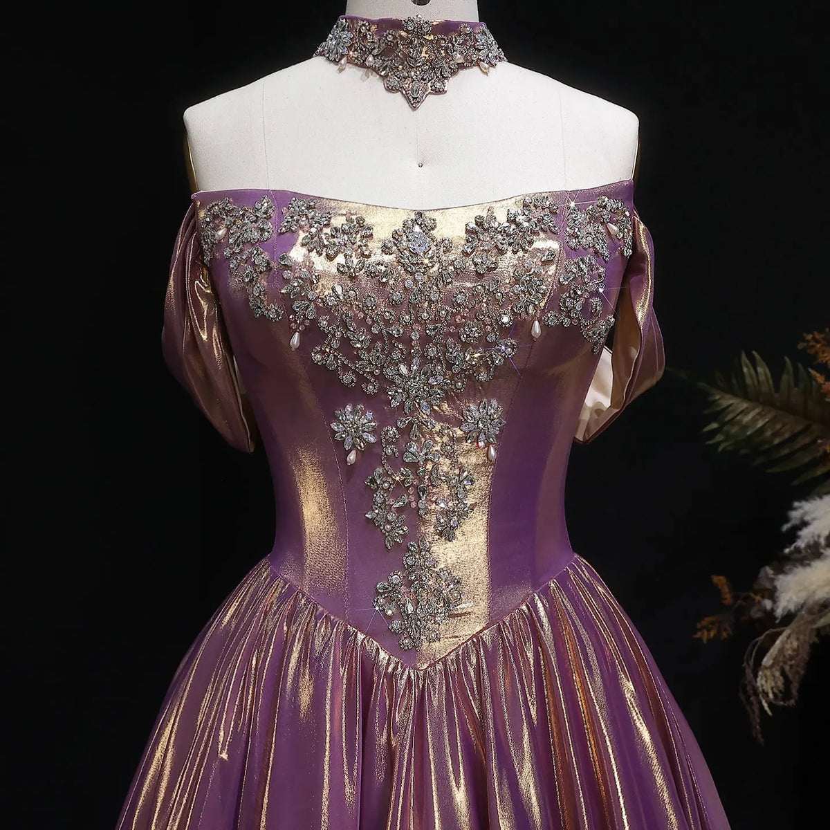 Luxury Rose Gold Gradient Satin Ball Gown Evening Dress with Necklace SS743 