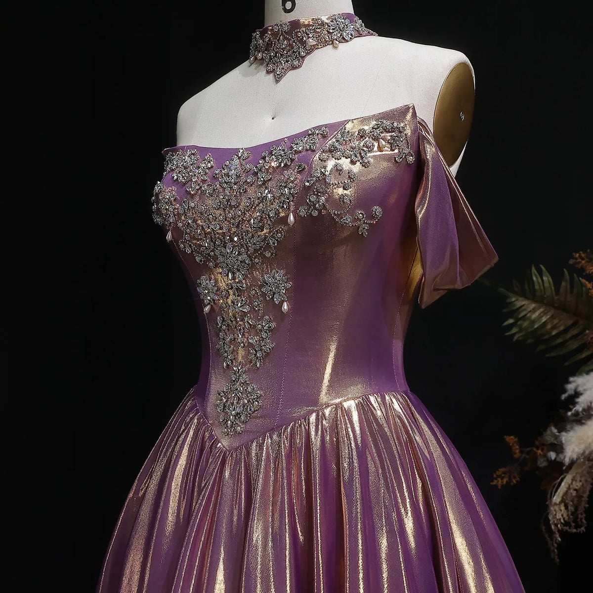 Luxury Rose Gold Gradient Satin Ball Gown Evening Dress with Necklace SS743 