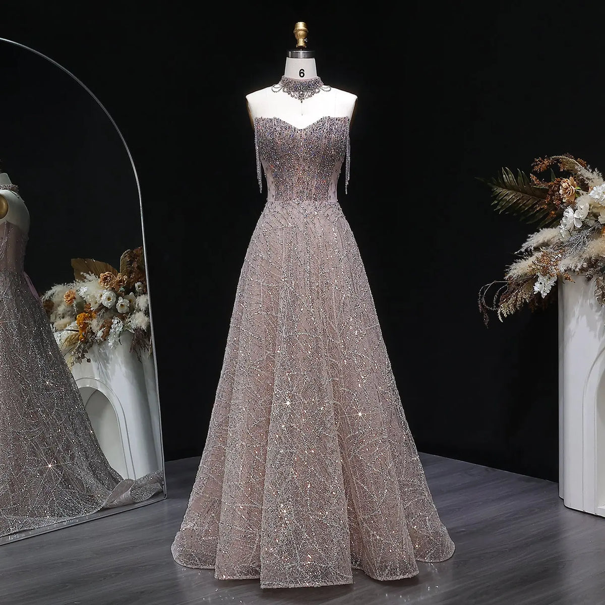 Luxury Pink Full Rhinestone Sequin Strapless Fitted Long Evening Dress SS744 