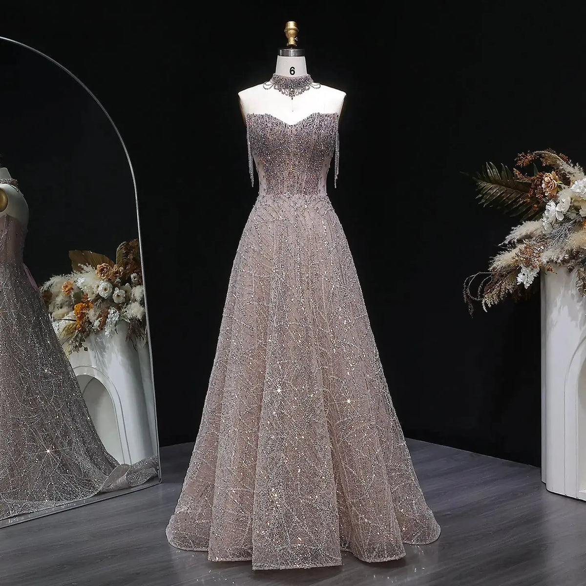 Luxury Pink Full Rhinestone Sequin Strapless Fitted Long Evening Dress SS744 