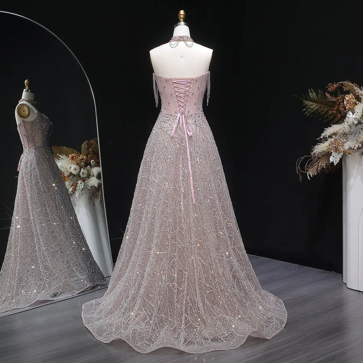 Luxury Pink Full Rhinestone Sequin Strapless Fitted Long Evening Dress SS744 