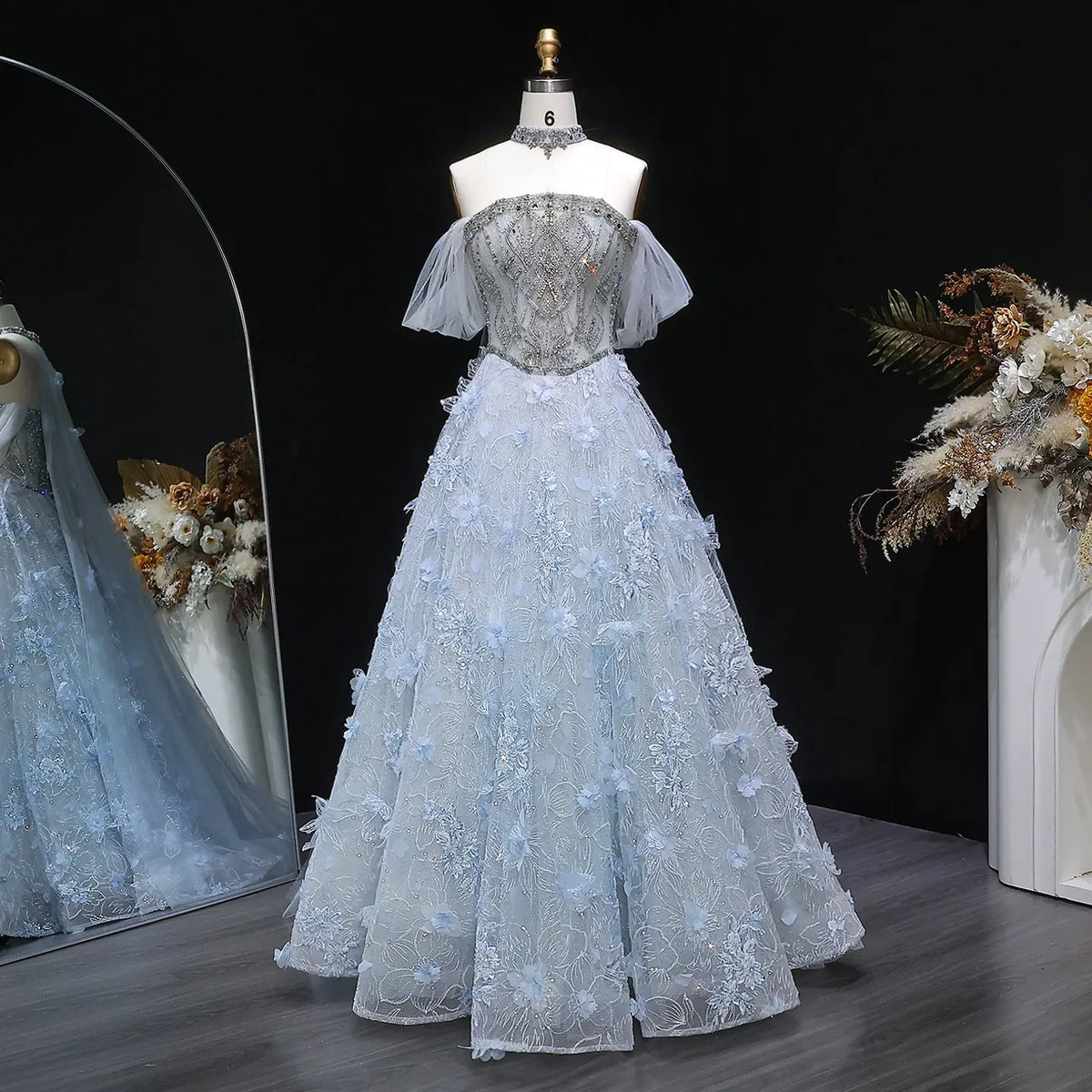 Luxury Blue 3D Floral Beaded Ball Gown Evening Dress with Overskirt SS745 