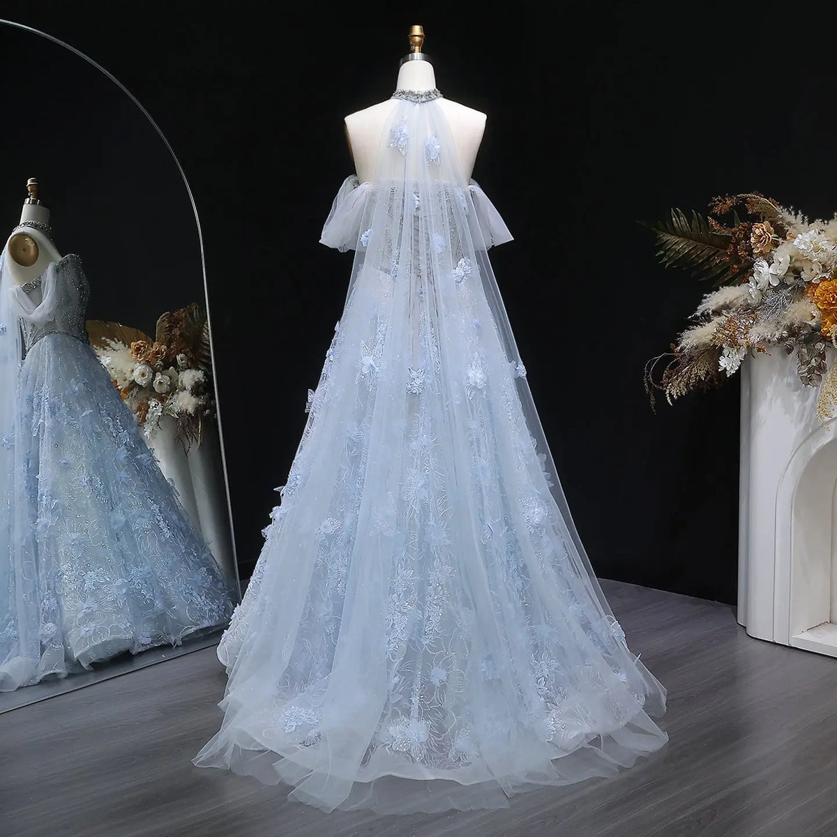 Luxury Blue 3D Floral Beaded Ball Gown Evening Dress with Overskirt SS745 