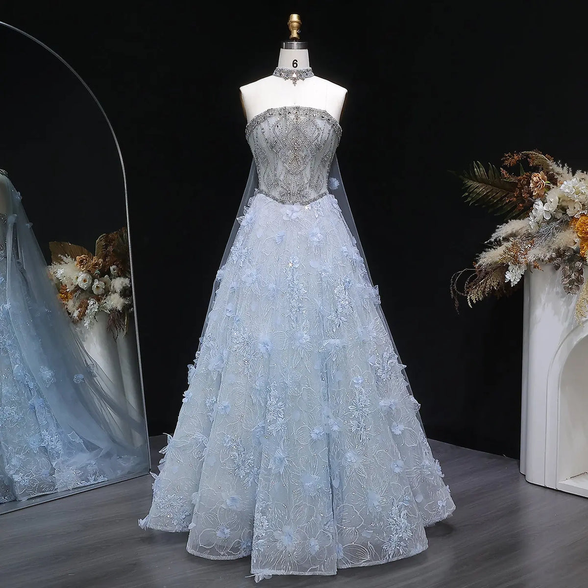 Luxury Blue 3D Floral Beaded Ball Gown Evening Dress with Overskirt SS745 