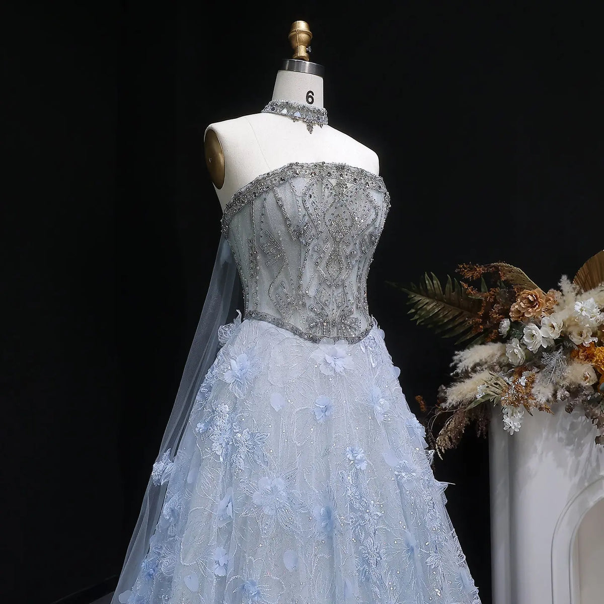 Luxury Blue 3D Floral Beaded Ball Gown Evening Dress with Overskirt SS745 