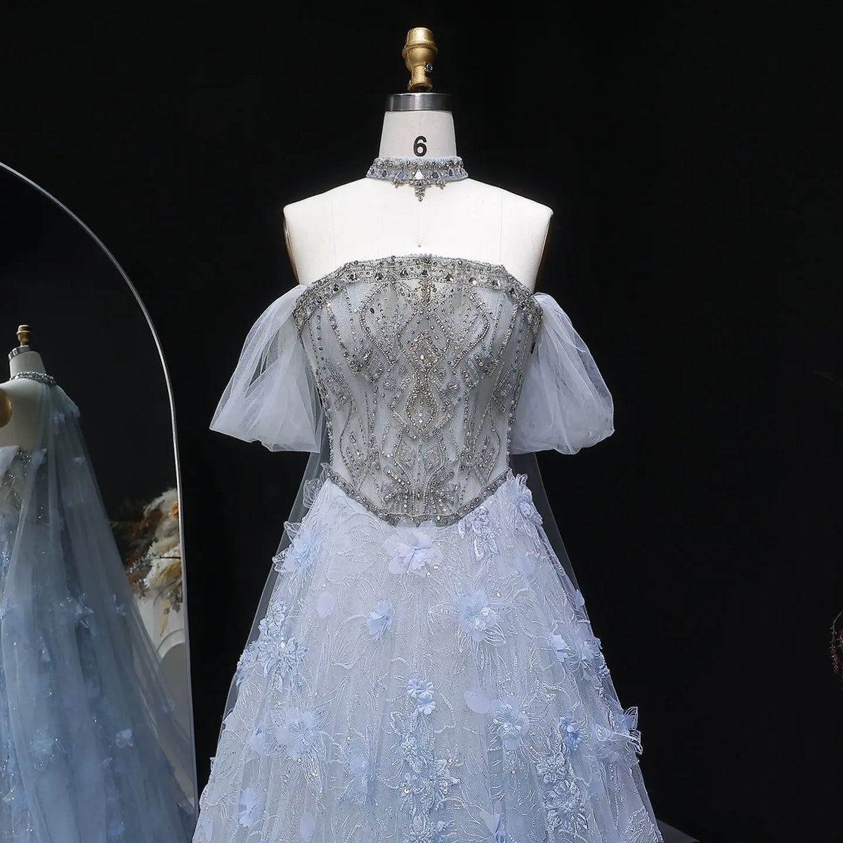 Luxury Blue 3D Floral Beaded Ball Gown Evening Dress with Overskirt SS745 