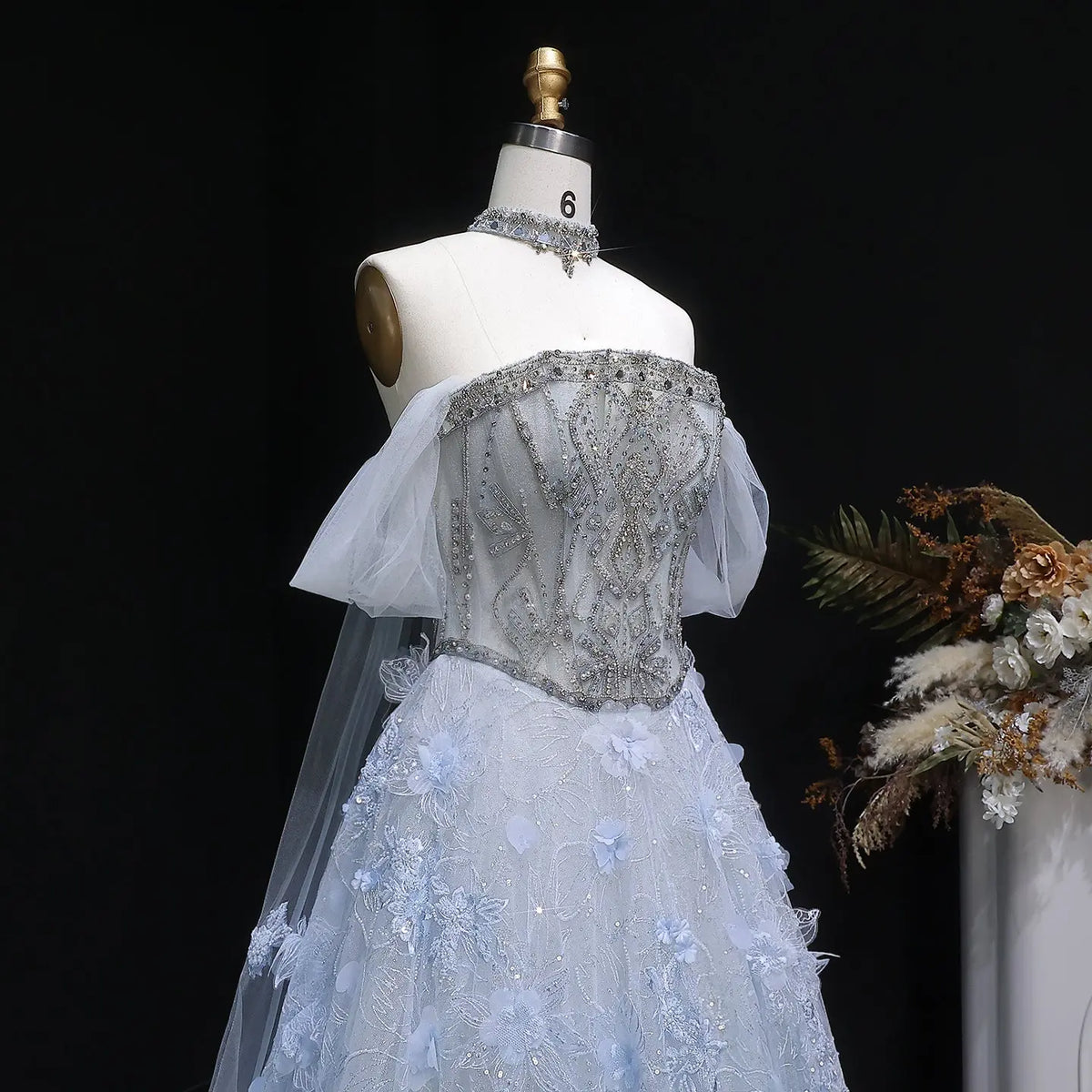 Luxury Blue 3D Floral Beaded Ball Gown Evening Dress with Overskirt SS745 