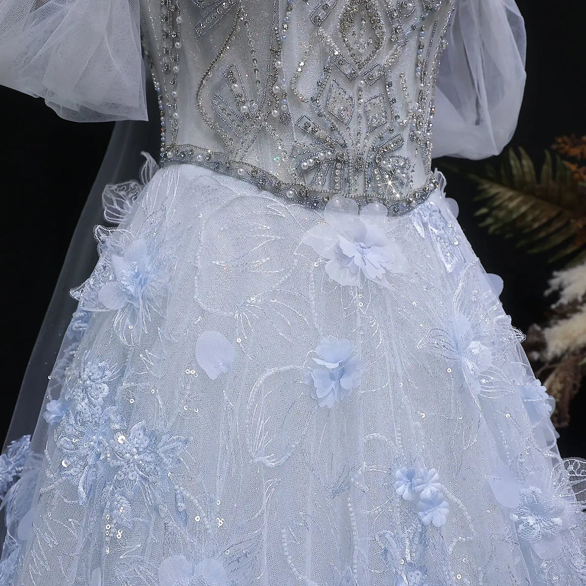 Luxury Blue 3D Floral Beaded Ball Gown Evening Dress with Overskirt SS745 