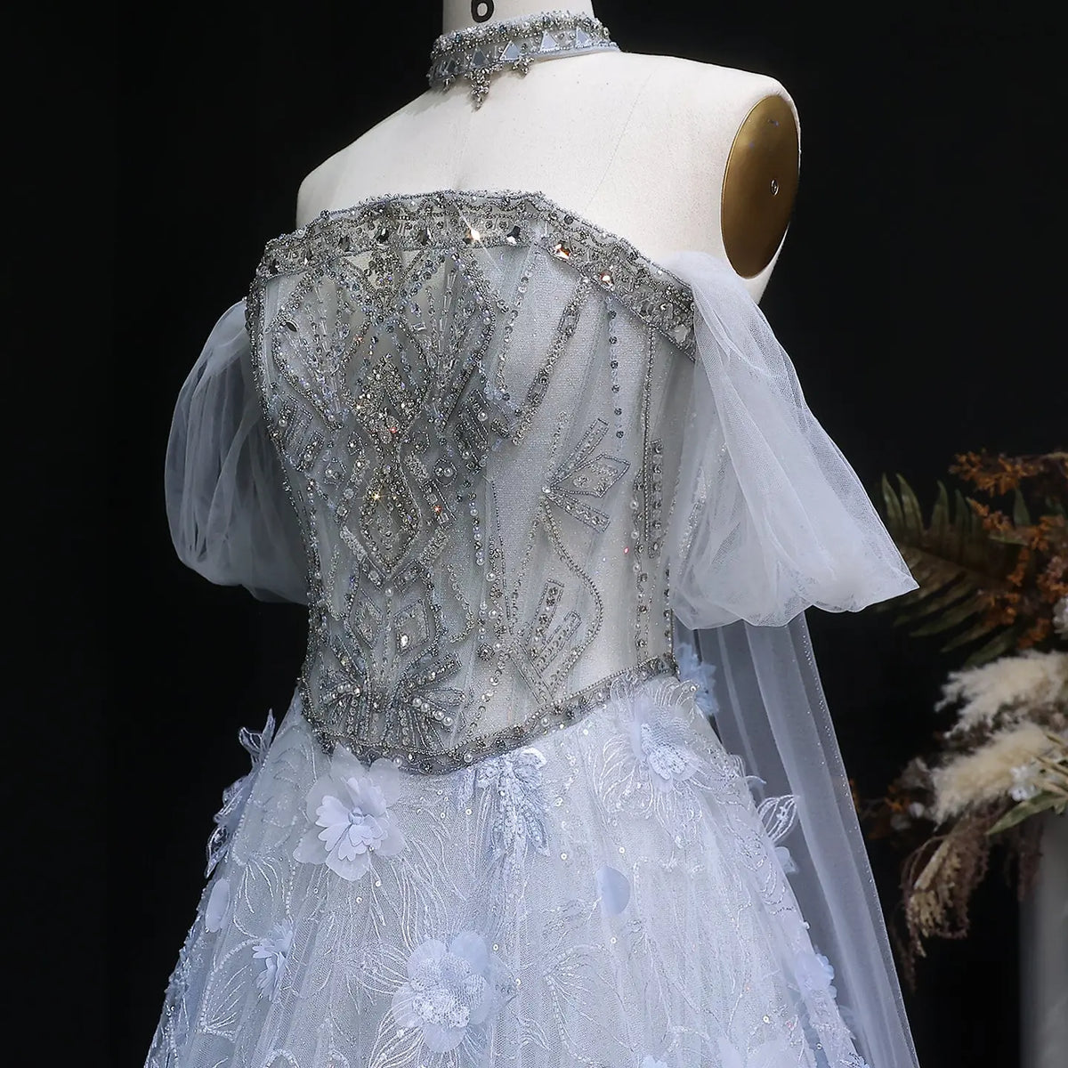 Luxury Blue 3D Floral Beaded Ball Gown Evening Dress with Overskirt SS745 