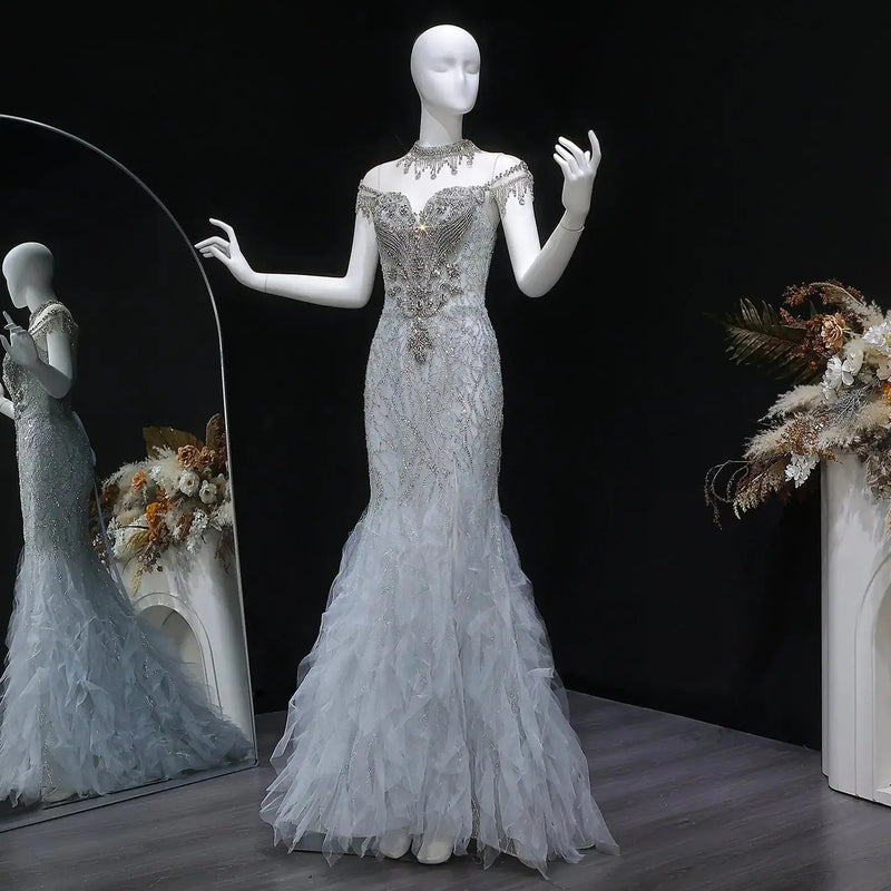 Luxury Silver Gray Beaded Tulle Mermaid Train Evening Dress SS746 
