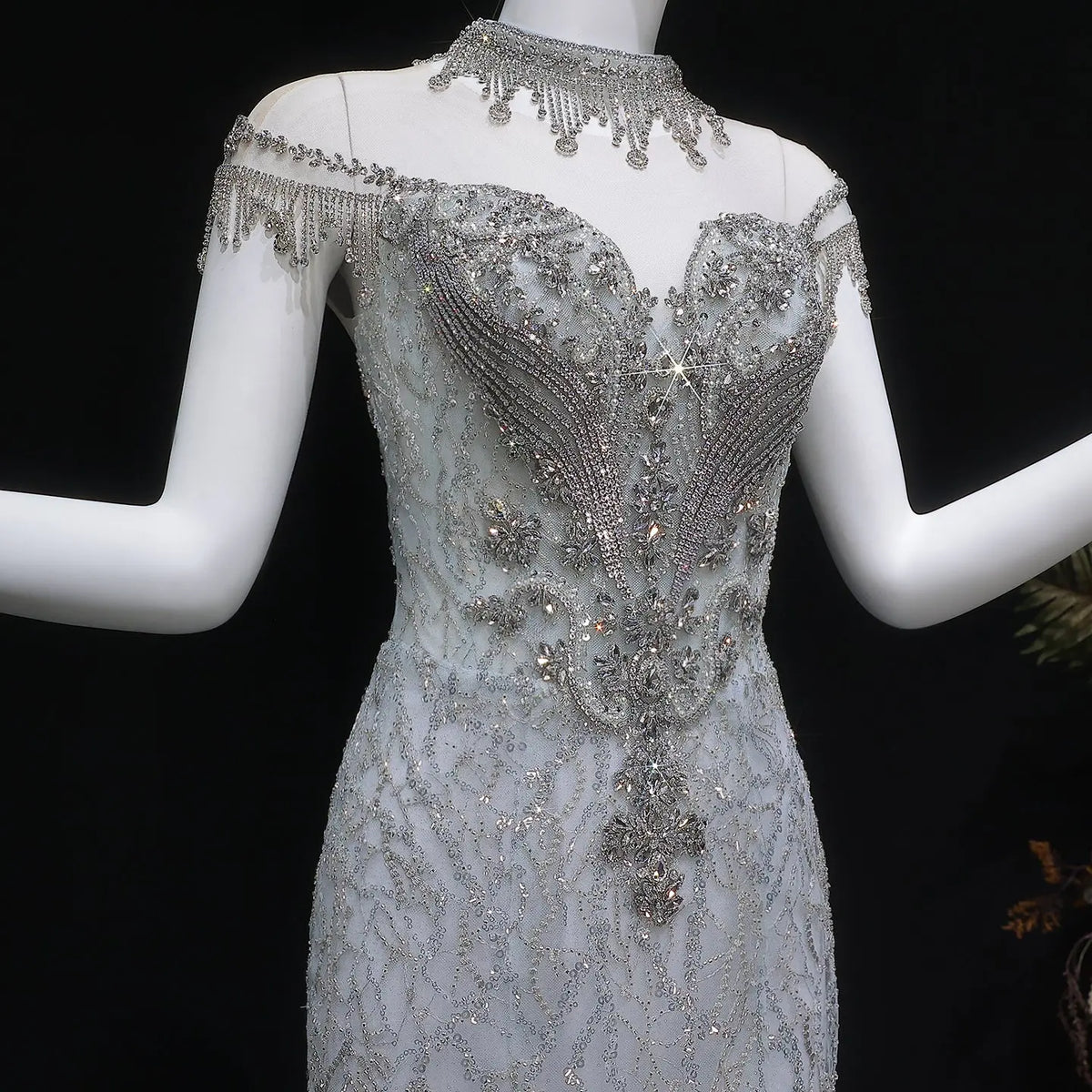 Luxury Silver Gray Beaded Tulle Mermaid Train Evening Dress SS746 