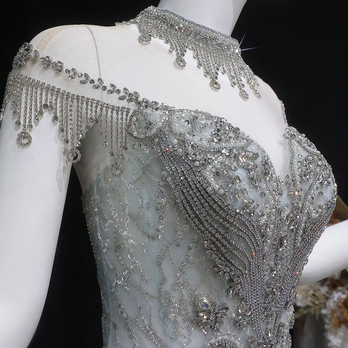 Luxury Silver Gray Beaded Tulle Mermaid Train Evening Dress SS746 