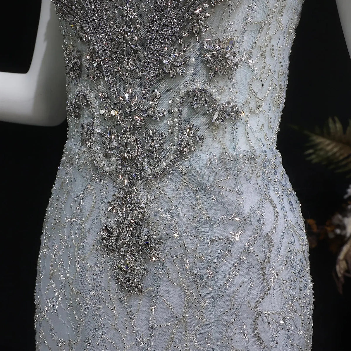 Luxury Silver Gray Beaded Tulle Mermaid Train Evening Dress SS746 