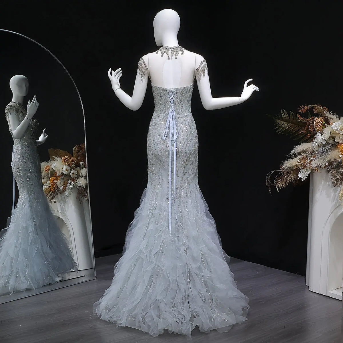 Luxury Silver Gray Beaded Tulle Mermaid Train Evening Dress SS746 