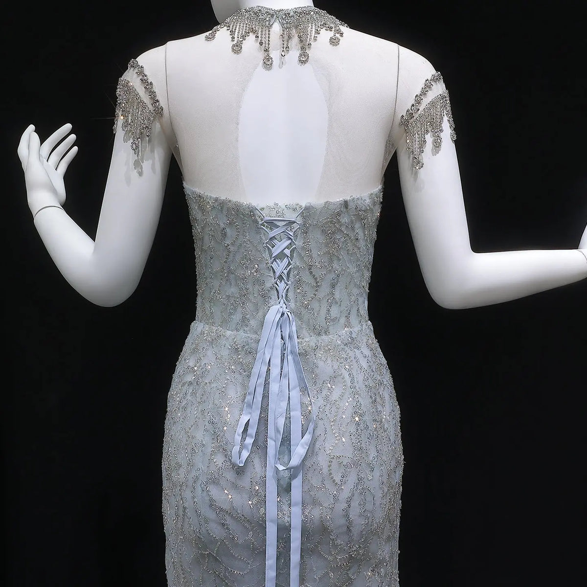 Luxury Silver Gray Beaded Tulle Mermaid Train Evening Dress SS746 