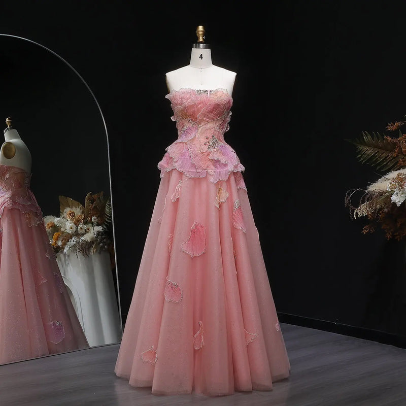 Luxury Chic Beaded Pink 3D Floral Ball Gown Evening Dress SS749 