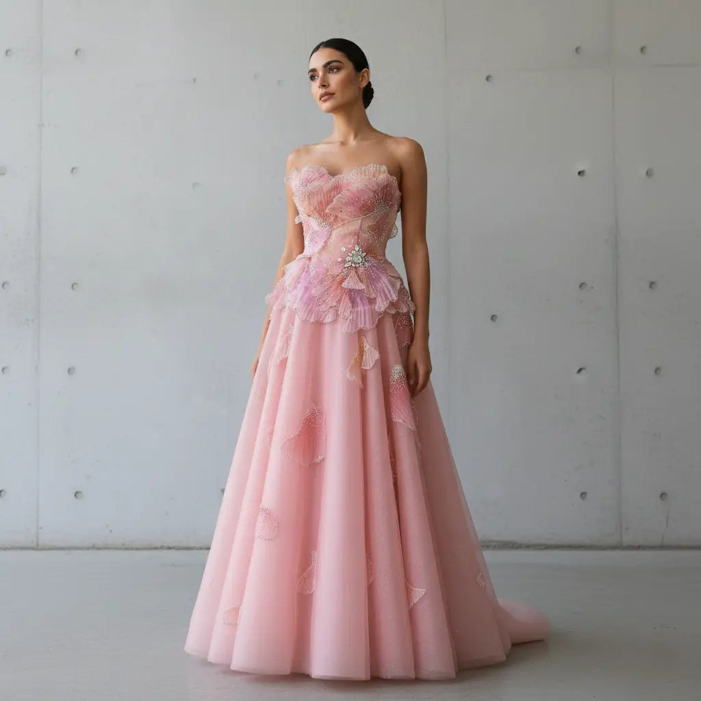 Luxury Chic Beaded Pink 3D Floral Ball Gown Evening Dress SS749