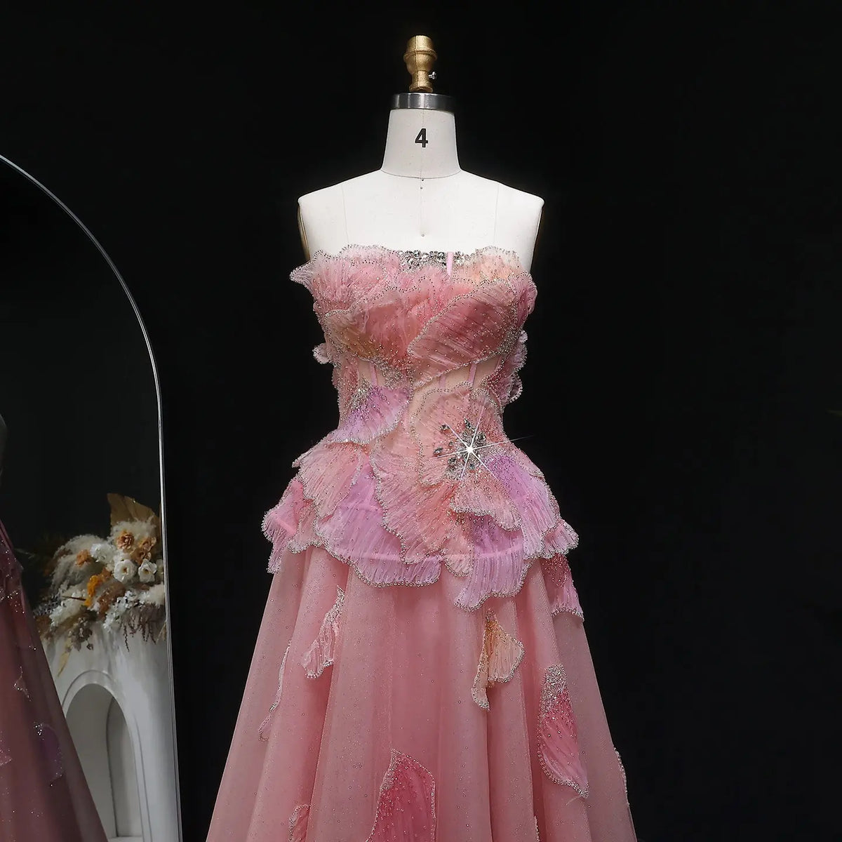 Luxury Chic Beaded Pink 3D Floral Ball Gown Evening Dress SS749 