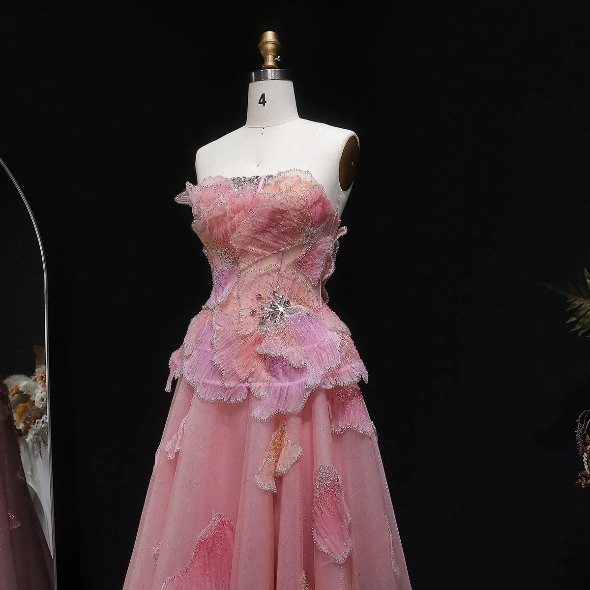 Luxury Chic Beaded Pink 3D Floral Ball Gown Evening Dress SS749 