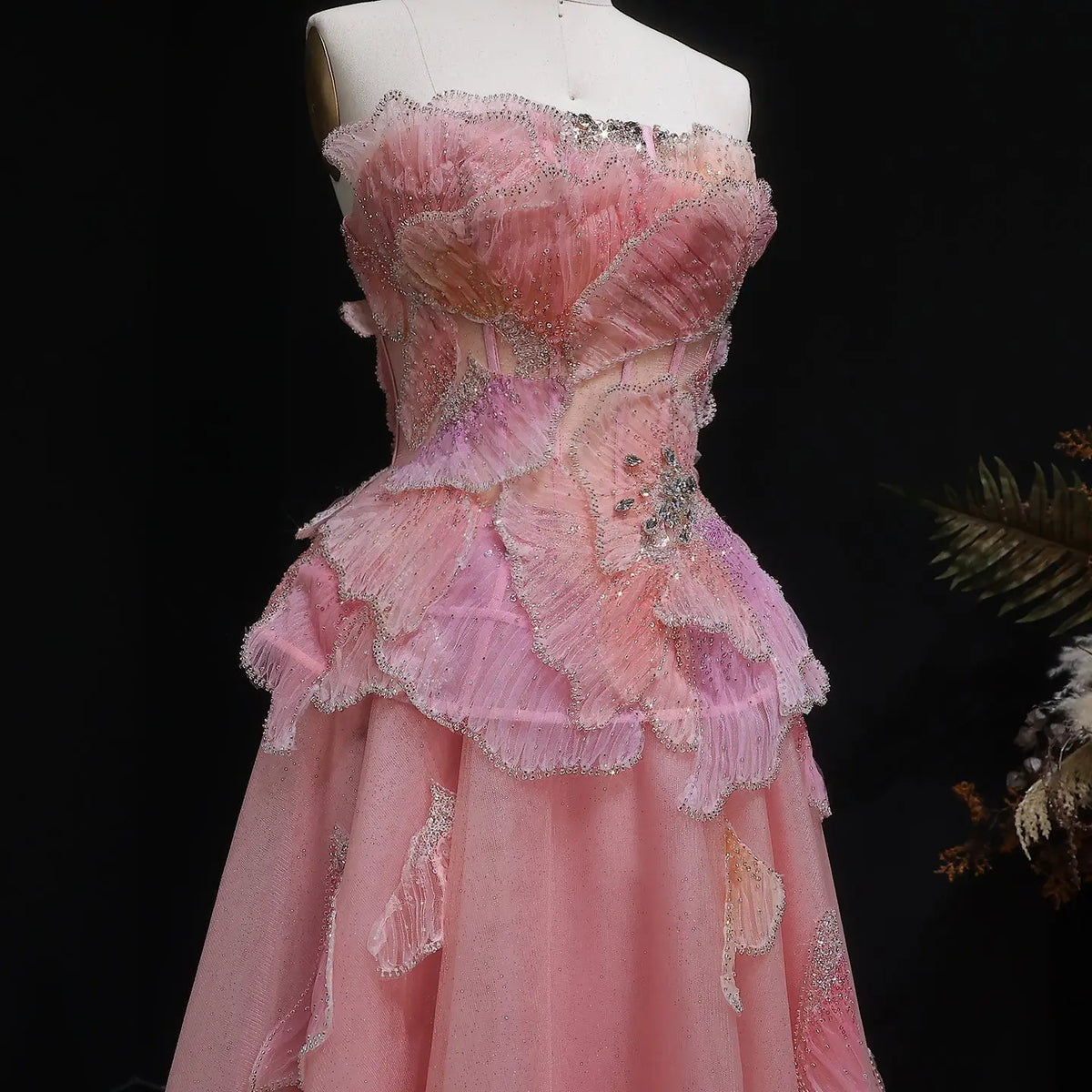 Luxury Chic Beaded Pink 3D Floral Ball Gown Evening Dress SS749 