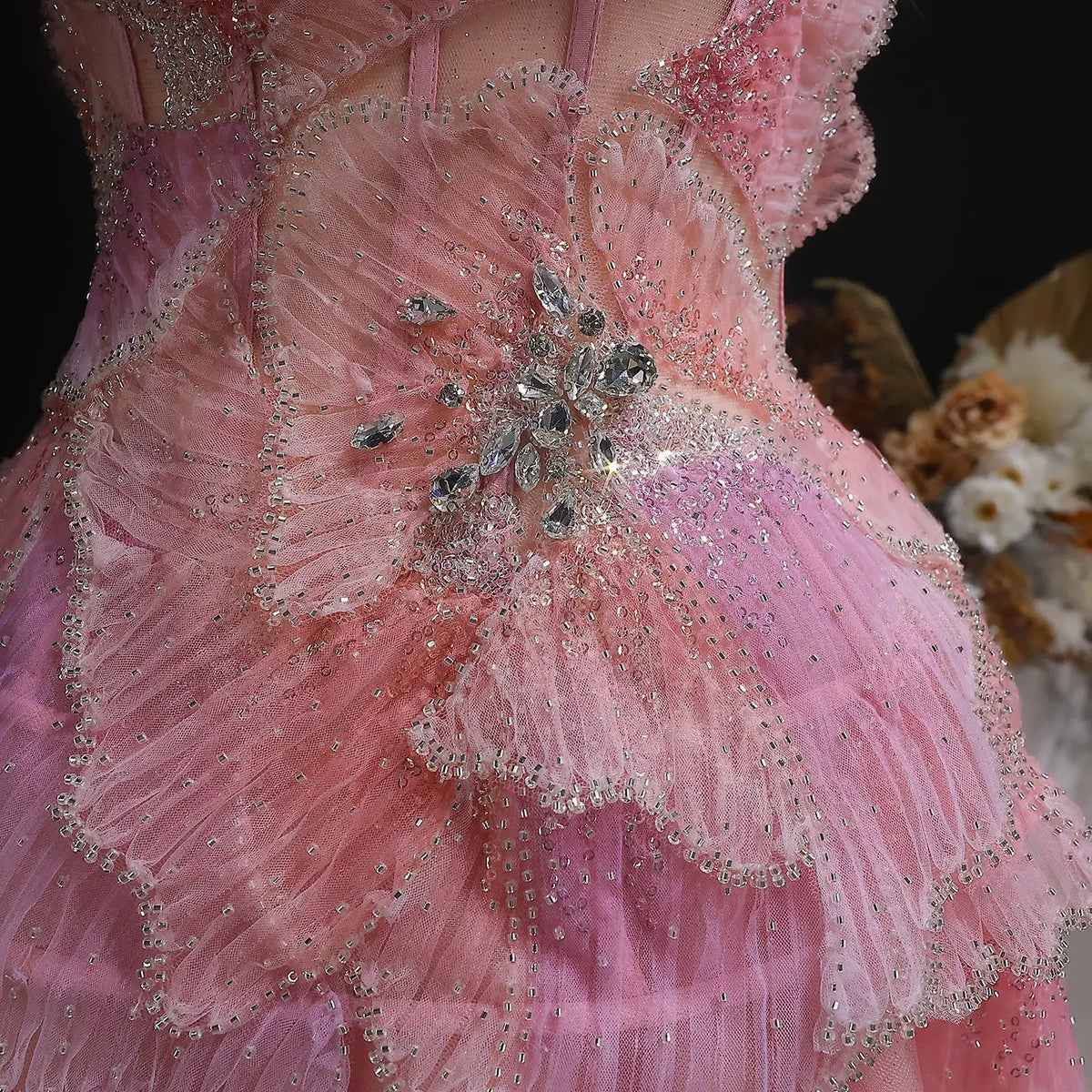 Luxury Chic Beaded Pink 3D Floral Ball Gown Evening Dress SS749 