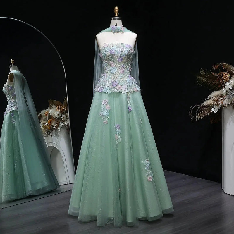 Luxury Sage Green Floral Applique Evening Dress with Scarf SS755 
