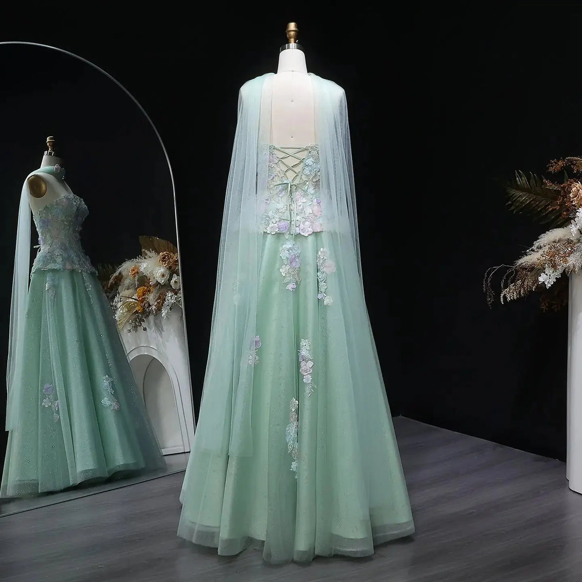 Luxury Sage Green Floral Applique Evening Dress with Scarf SS755 