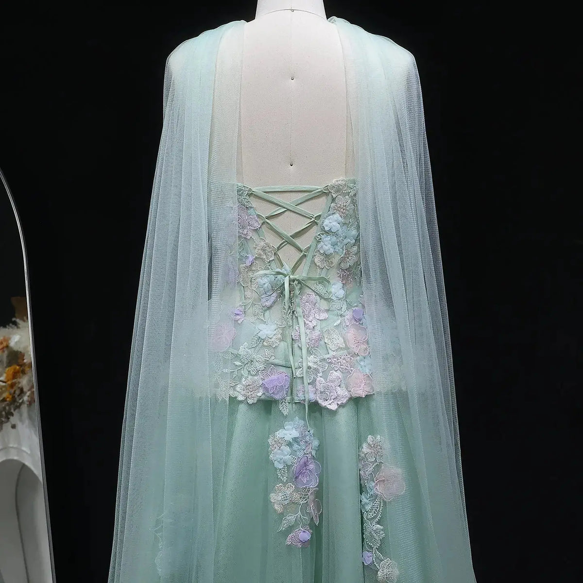 Luxury Sage Green Floral Applique Evening Dress with Scarf SS755 