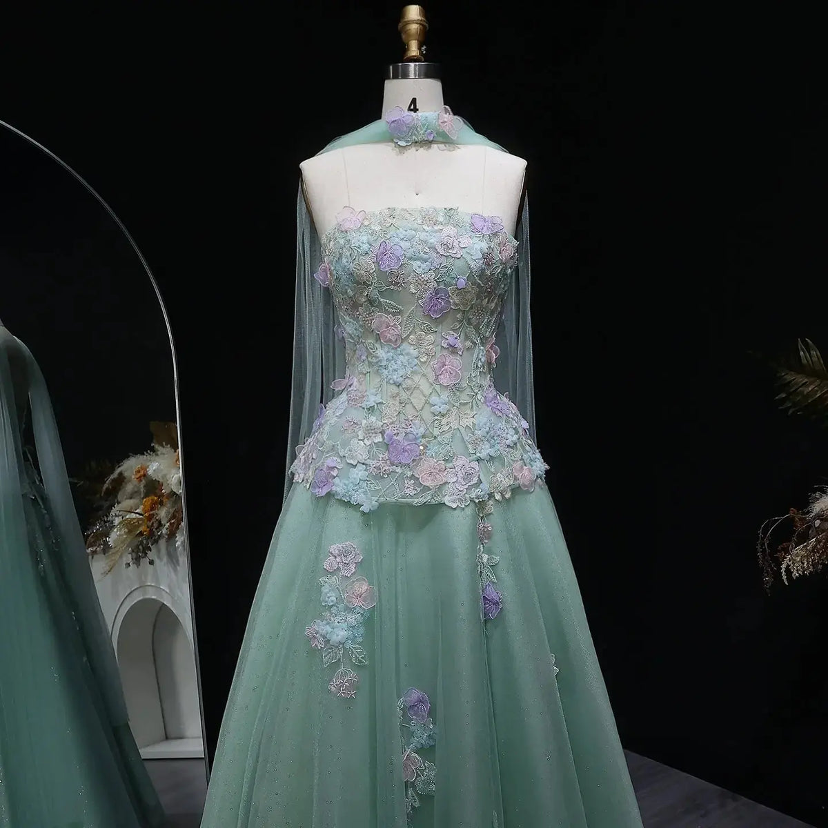 Luxury Sage Green Floral Applique Evening Dress with Scarf SS755 