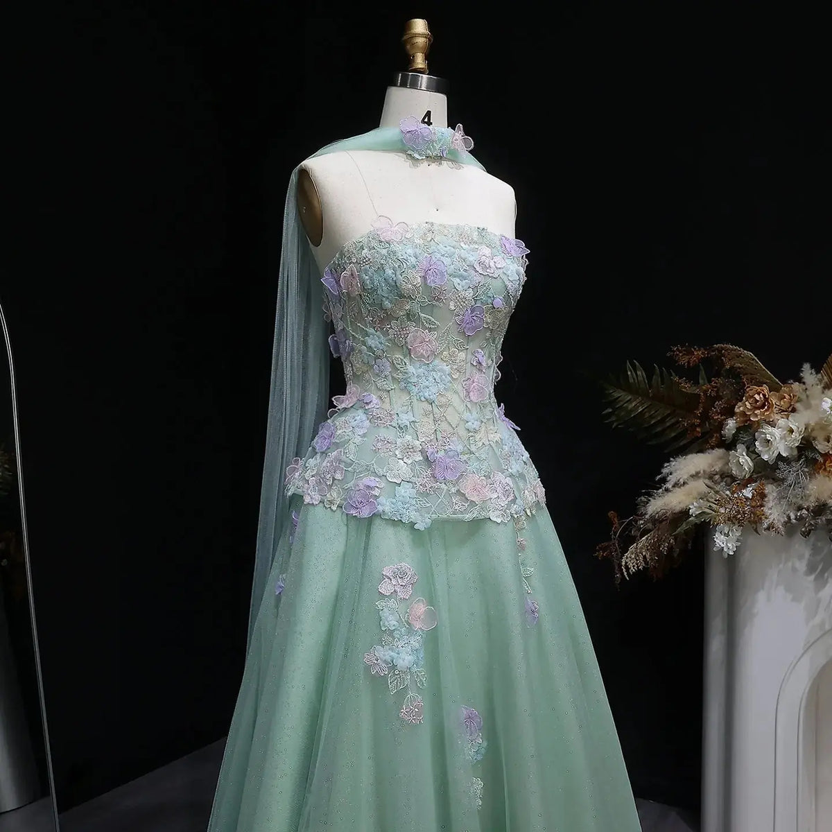 Luxury Sage Green Floral Applique Evening Dress with Scarf SS755 